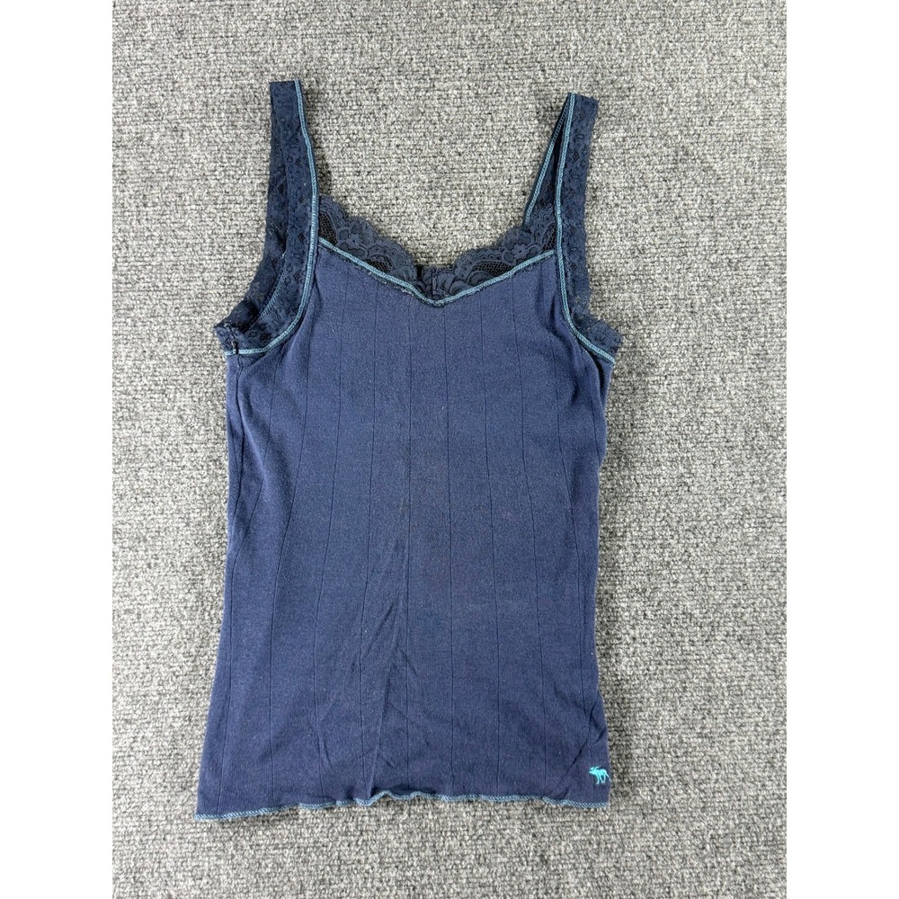 Abercrombie & Fitch Navy Blue Ribbed Lace Trim Cotton Tank Top Moose Logo Medium